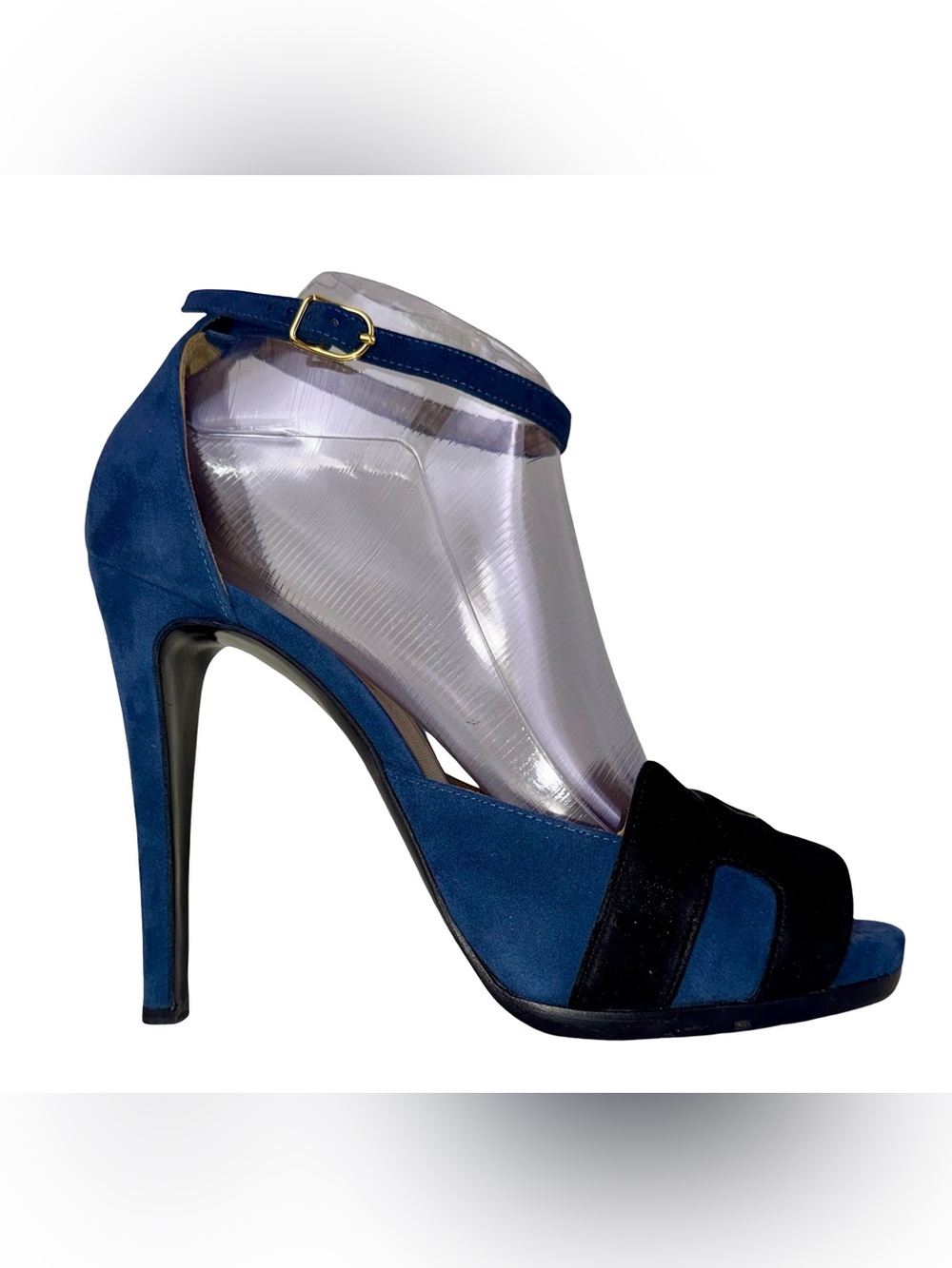HERMES HIGHLIGHT HIGH HEEL SANDALS IN BLUE AND BLACK SUEDE